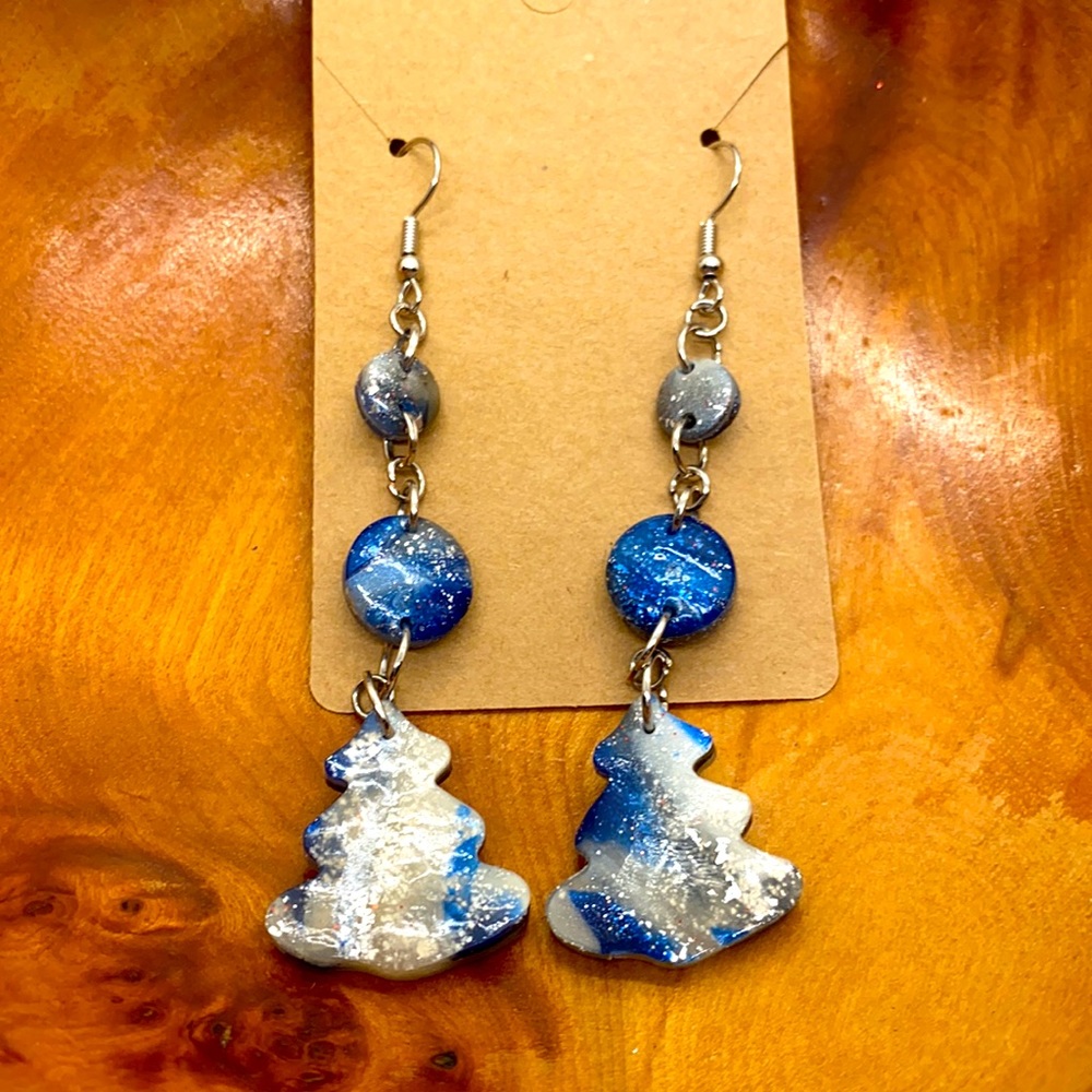Extra extra long blue tree polymer clay earrings